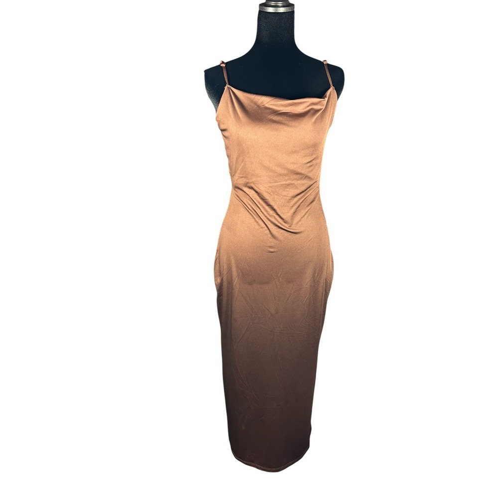 Vibe Sportswear Brown Satin Maxi Dress Cowl Neck Strappy Open Back Size L